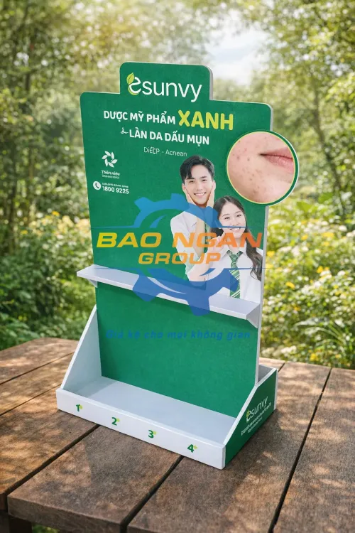 Kệ quảng cáo Fomex trưng bày sản phẩm dược mỹ phẩm cho nhà thuốc