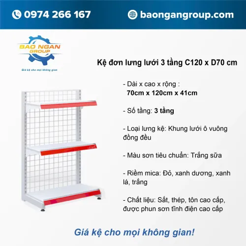 Kệ đơn lưng lưới 3 tầng Cao 120cm Dài 70cm