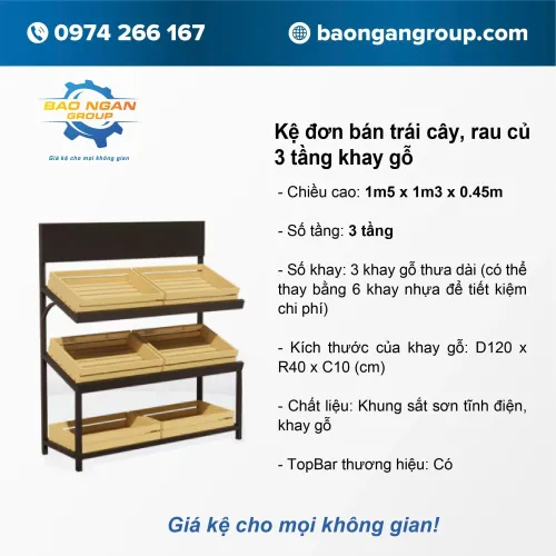 Kệ đơn bán rau củ, trái cây 3 tầng khay gỗ