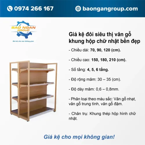 Giá kệ đôi siêu thị vân gỗ khung hộp chữ nhật bền đẹp