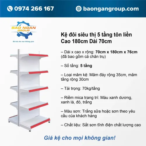 Kệ đôi siêu thị 5 tầng tôn liền Cao 180cm Dài 70cm