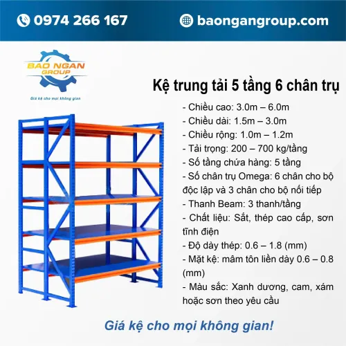 Kệ trung tải 5 tầng 6 chân trụ