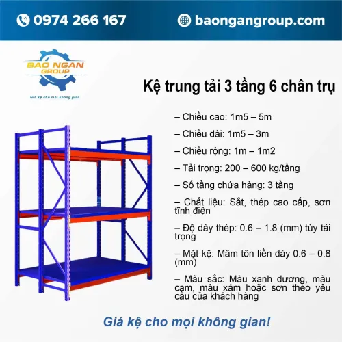 Kệ trung tải 3 tầng 6 chân trụ